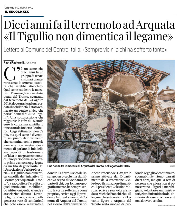 Il Secolo XIX: Dieci anni dal sisma, il Tigullio e Prociv Arci ricordano Arquata